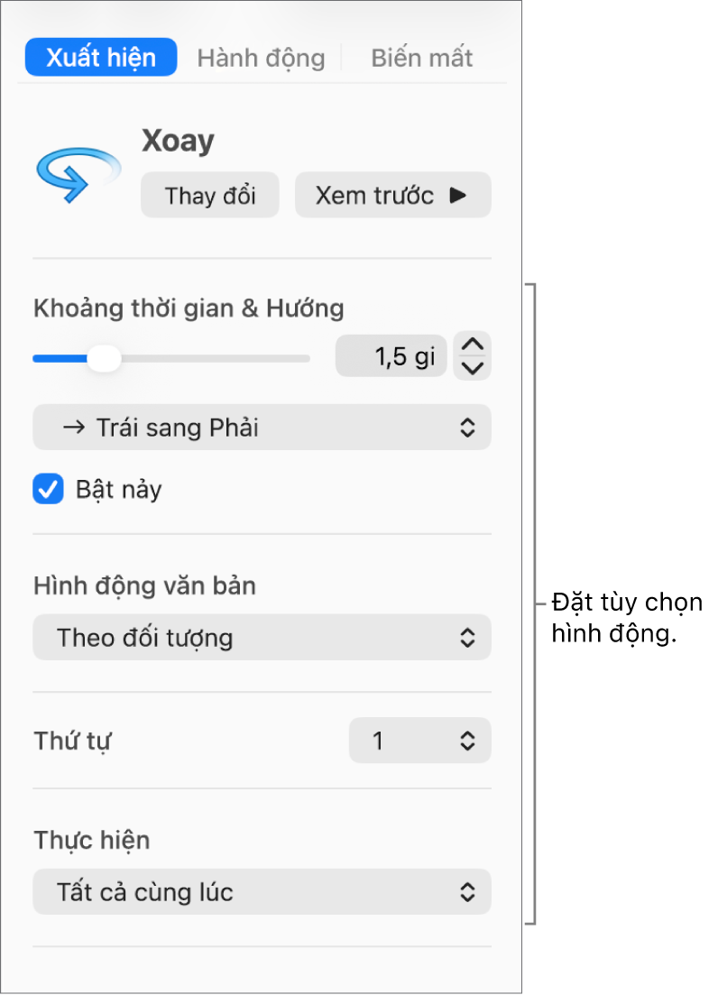 Các tùy chọn Xuất hiện trong tab Hiệu ứng của thanh bên.