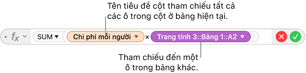 Trình sửa công thức có tam giác mà bạn bấm vào để mở các tùy chọn để bảo lưu các tham chiếu hàng và cột.