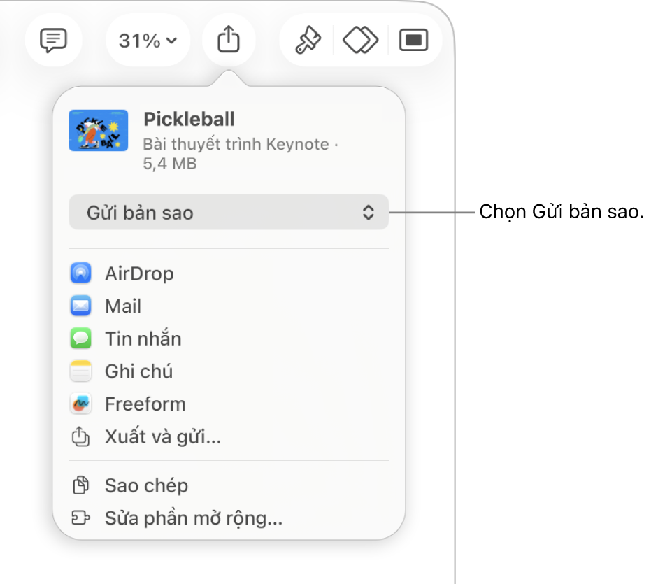Menu Chia sẻ với Gửi bản sao được chọn ở trên cùng.
