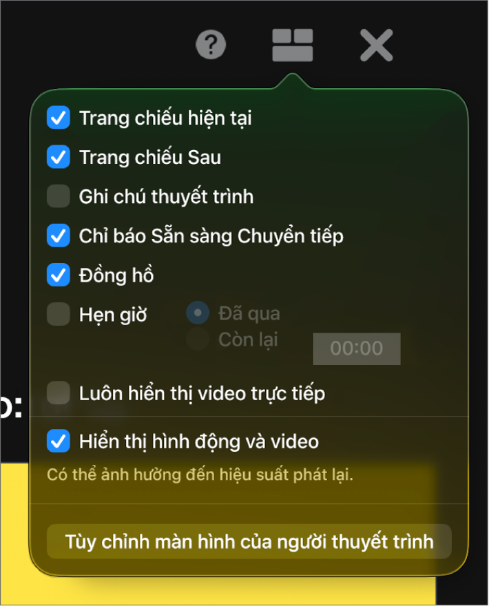 Các tùy chọn màn hình của người thuyết trình, bao gồm Trang chiếu hiện tại, Trang chiếu tiếp theo, Ghi chú thuyết trình, Chỉ báo Sẵn sàng chuyển tiếp, Đồng hồ và Hẹn giờ. Hẹn giờ có các tùy chọn bổ sung để hiển thị thời gian đã qua hoặc thời gian còn lại.