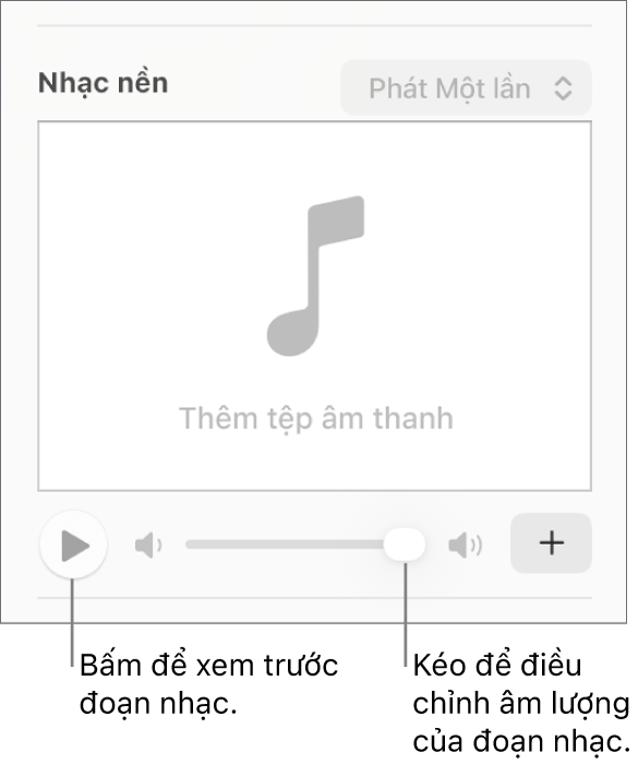 Các điều khiển Bản nhạc với nút Phát và thanh trượt âm lượng được gọi ra.