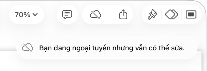 Các nút ở đầu màn hình, với nút Cộng tác được thay đổi thành đám mây với đường chéo xuyên qua. Cảnh báo trên màn hình cho biết “Bạn đang ngoại tuyến nhưng vẫn có thể sửa”.