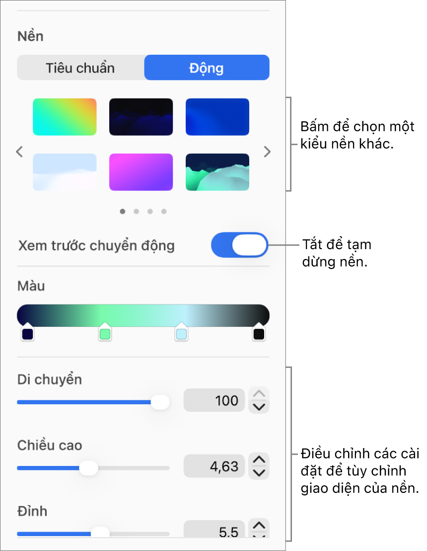 Nút Động được chọn trong phần Nền của thanh bên Định dạng với các kiểu nền động, điều khiển Xem trước chuyển động và các điều khiển hình thức được hiển thị.