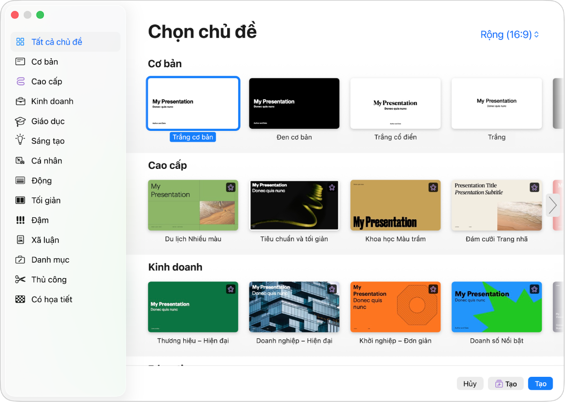 Bộ chọn chủ đề. Một thanh bên ở bên trái liệt kê các danh mục chủ đề mà bạn có thể bấm vào để lọc các tùy chọn. Ở bên phải là các hình thu nhỏ của các chủ đề được thiết kế sẵn, được sắp xếp trong các hàng theo danh mục.