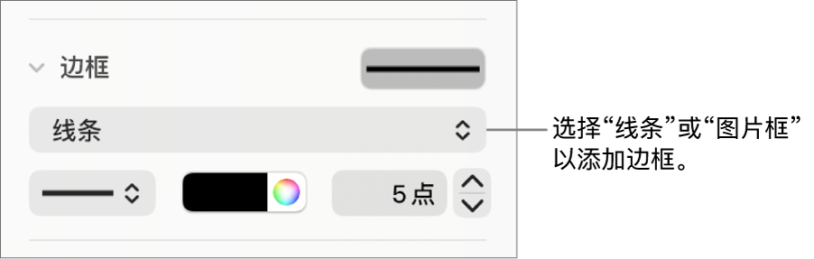 “格式”边栏中的“边框”样式控制，其中边框类型已选中“线条”。