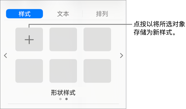 “格式”边栏中的“样式”标签,其中有一个文本框样式,右侧有“创建样式”按钮和四个空白样式占位符。