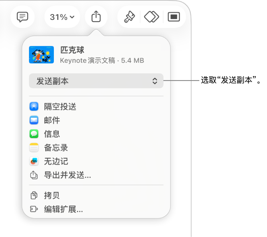 顶部已选中“发送副本”的“共享”菜单。