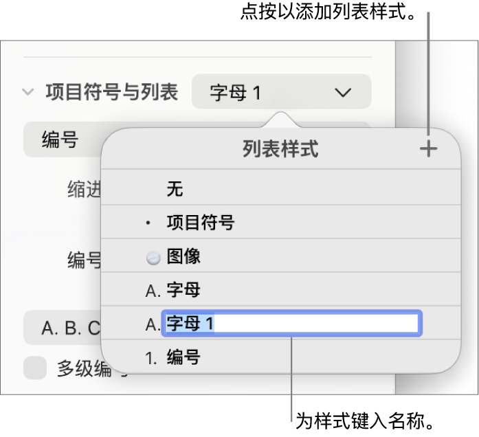 “列表样式”弹出式菜单,其中“添加”按钮位于右上角,占位符样式名称的文本被选中。