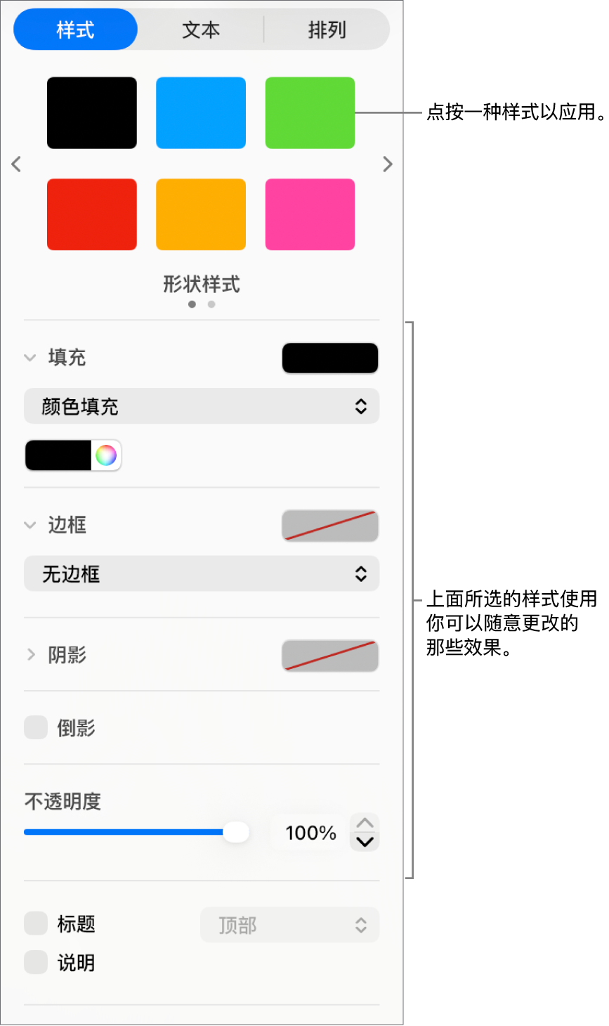 边栏的“格式”部分中的形状样式和选项。