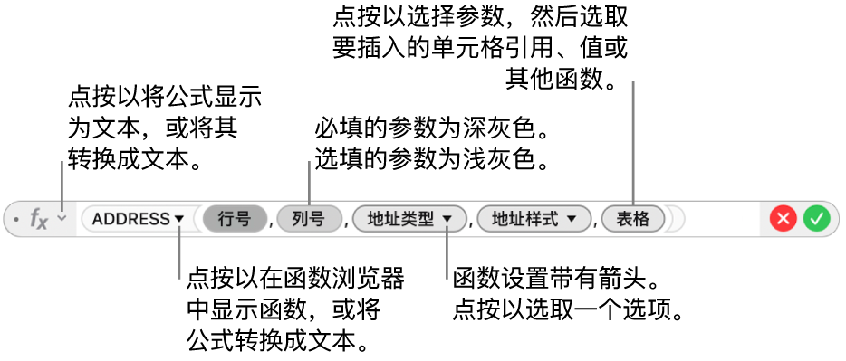 显示 ADDRESS 函数及其参数符号的公式编辑器。