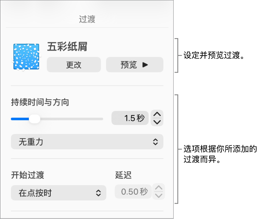 边栏的“过渡”部分中的过渡控制。