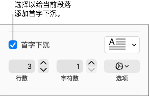 “首字下沉”复选框已选中,其右侧显示了一个弹出式菜单;其下方是用于设置行高和字符数的控制以及其他选项。