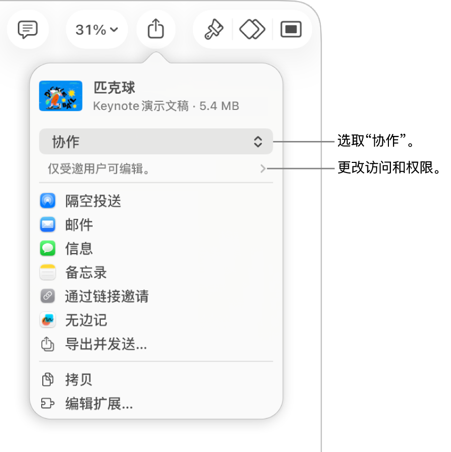 “共享”菜单,顶部已选中“协作”,下方是访问和权限设置。