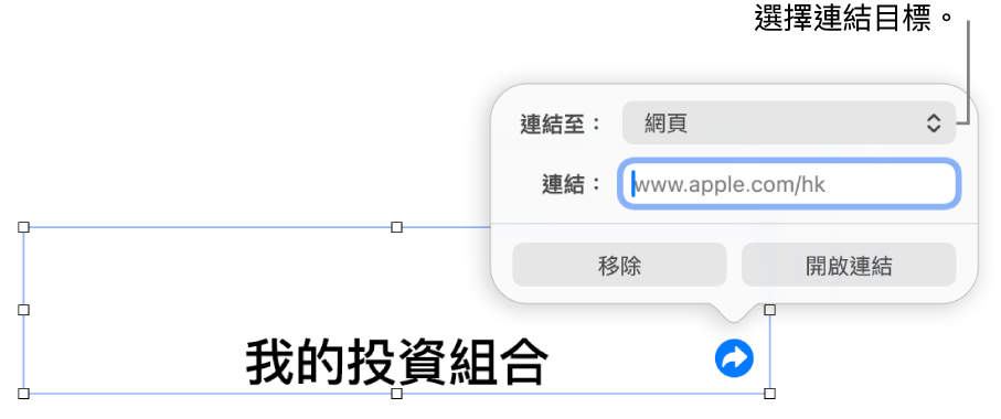 連結編輯器控制項目,其中已選取「網頁」,而「移除」和「開啟連結」按鈕則位於底部。