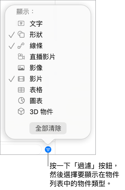 開啟的「過濾」彈出式選單,帶有可能包括的物件類型列表(文字、形狀、線條、影像、影片、表格和圖表)。