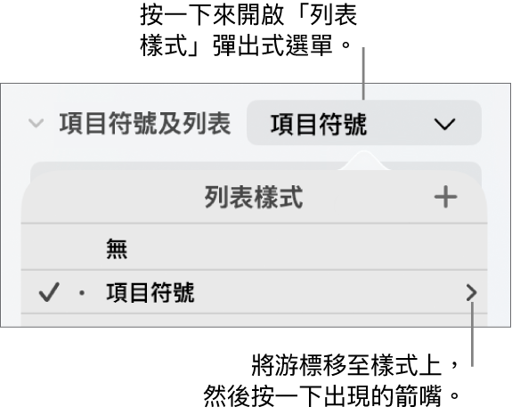 「列表樣式」彈出式選單,其中包括一個已選擇的樣式,右方有一個箭嘴。