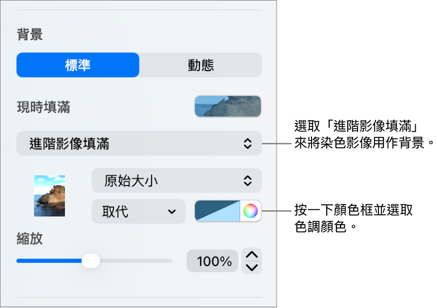 「背景」控制項目,其中染色的「進階影像填滿」已設定為投影片背景。