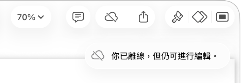 螢幕最上方的按鈕,其中「共同編輯」按鈕已變成被對角線劃過的雲朵圖像。螢幕上的警示顯示「你已離線,但仍可進行編輯。」