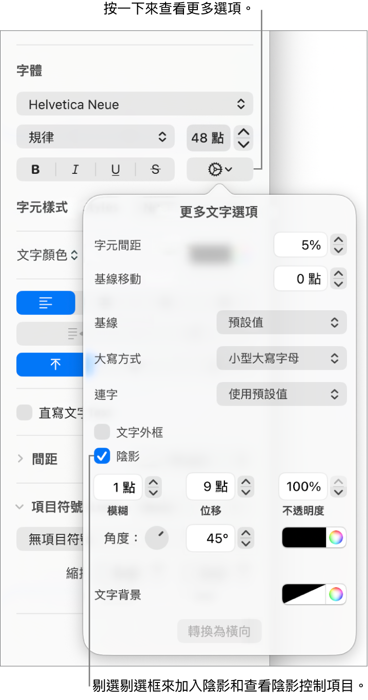 「進階選項」開啟,其中包括已剔選的「陰影」剔選框,以及設定模糊、位移、不透明度、角度和顏色的控制項目。