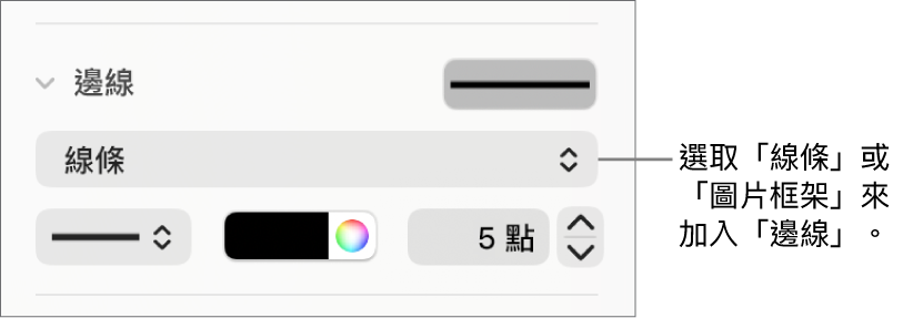 位於「格式」側邊欄中的「邊線」樣式控制項目，並已選擇「線條」為邊線類型。