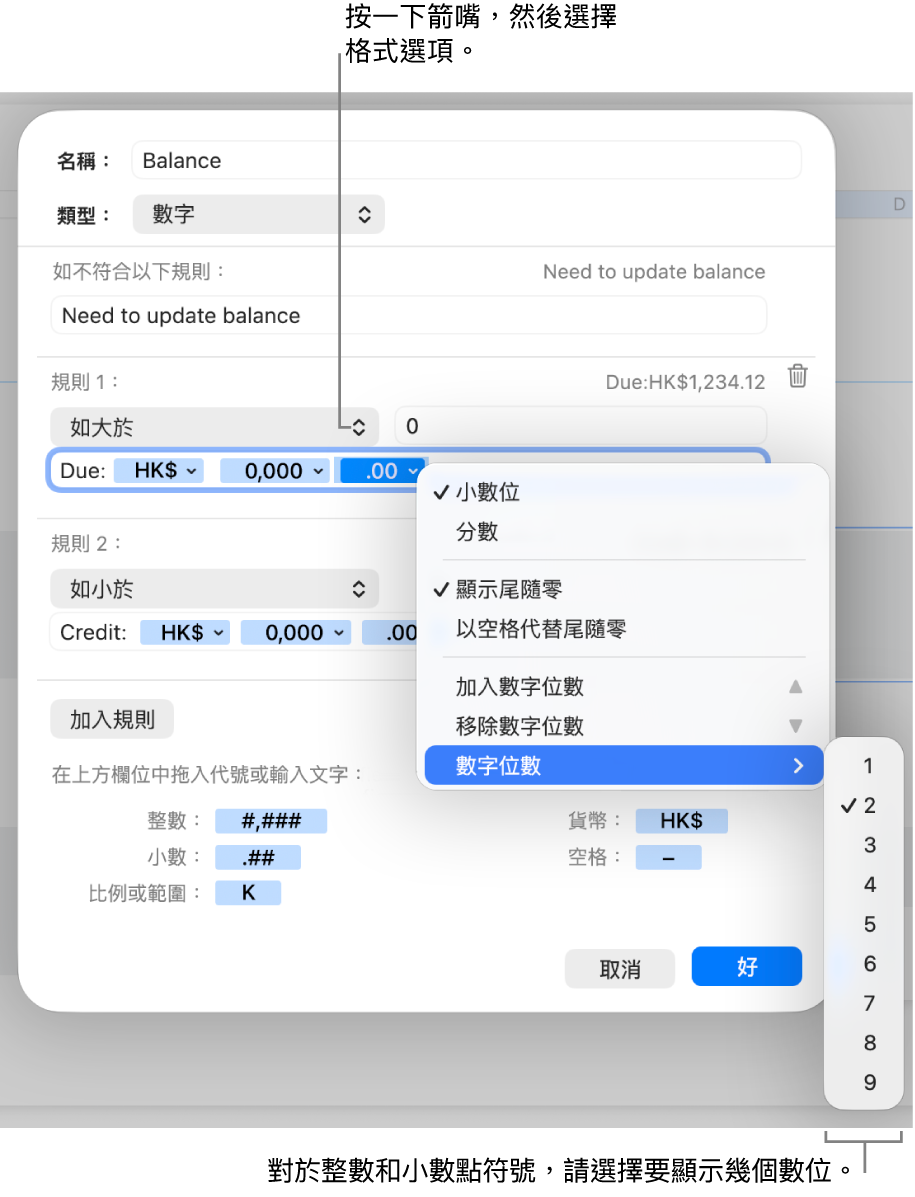 帶有控制項目的自訂輸入格格式視窗,用來製作自訂數字格式。