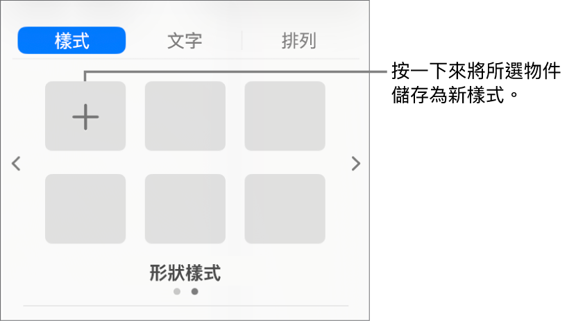 「格式」側邊欄的「樣式」分頁帶有一個文字框樣式,右側是「製作樣式」按鈕,以及四個空白的樣式暫存區。