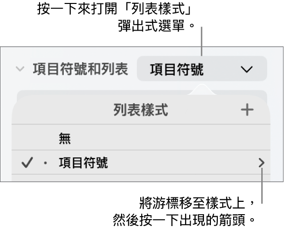 「列表樣式」彈出式選單,其中包含一個已選取的樣式,右方有一個箭頭。