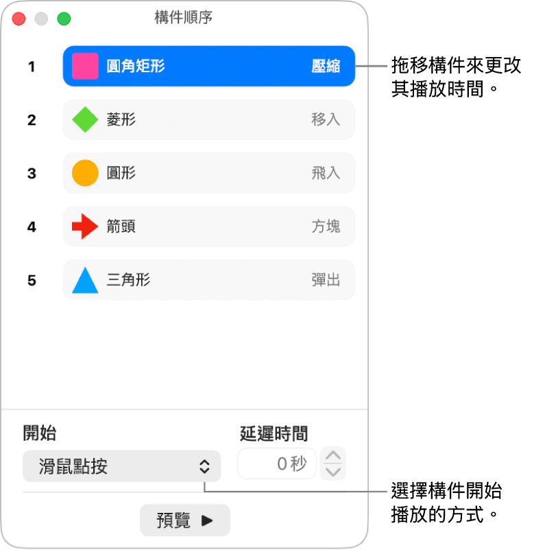 「構件順序」視窗。