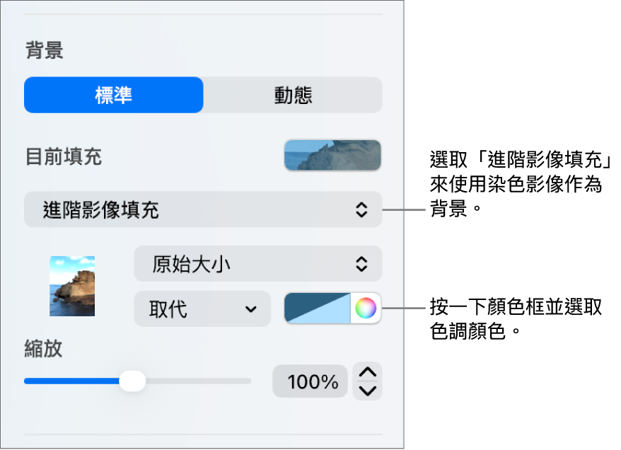 「背景」控制項目包含設為幻燈片背景的染色「進階影像填充」。
