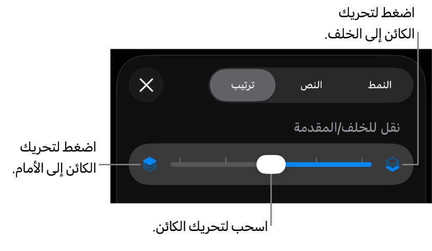 زر تحريك للخلف، وزر تحريك للأمام، وشريط تمرير الطبقة.