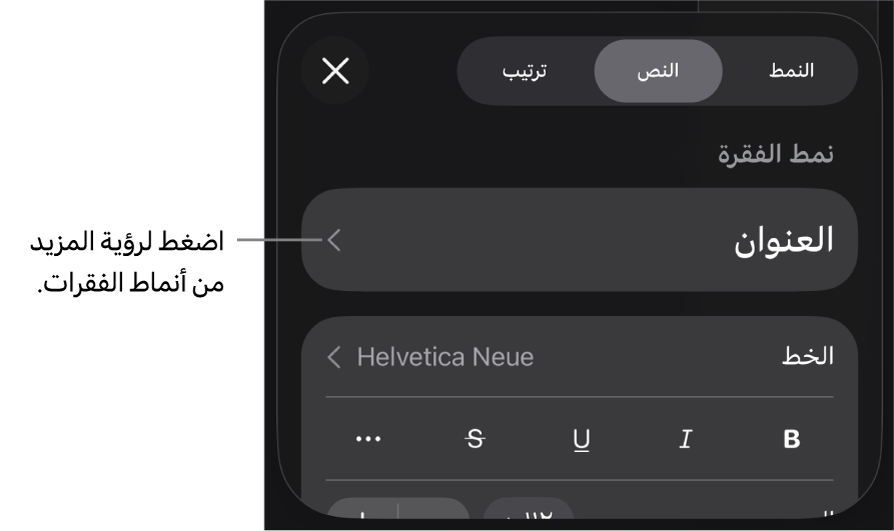 القائمة تنسيق تعرض عناصر التحكم في النص لإعداد أنماط الأحرف والفقرات والخط والحجم واللون.