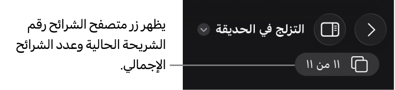 زر متصفح الشرائح يعرض رقم الشريحة الحالية والعدد الإجمالي للشرائح في العرض التقديمي.