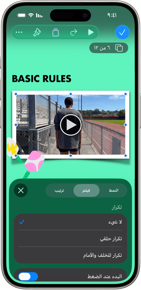 عناصر التحكم في التنسيق لتغيير حجم الفيديو المحدد ومظهره. أزرار النمط والفيلم والترتيب موجودة على طول الجزء العلوي من عناصر التحكم.