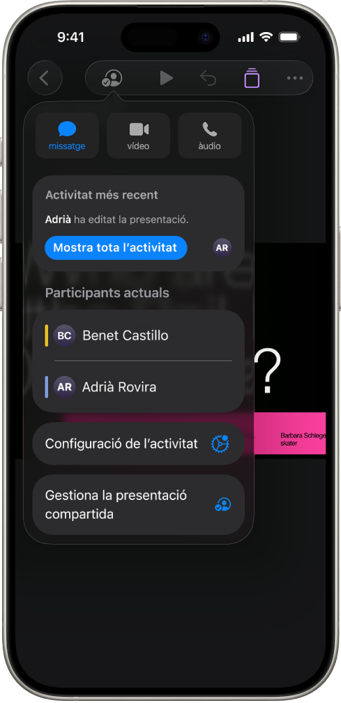 El menú “Col·laboració”, en què es mostren els noms de les persones que col·laboren en la presentació.