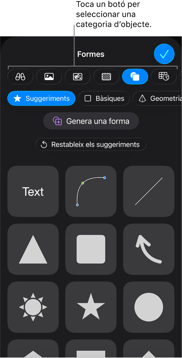 Els controls per afegir un objecte, amb botons a la part superior per seleccionar taules, gràfics, formes (línies i quadres de text) i contingut multimèdia.