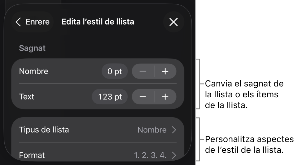 Menú “Edita l’estil de llista” amb controls per editar el tipus i l’aspecte de la llista.