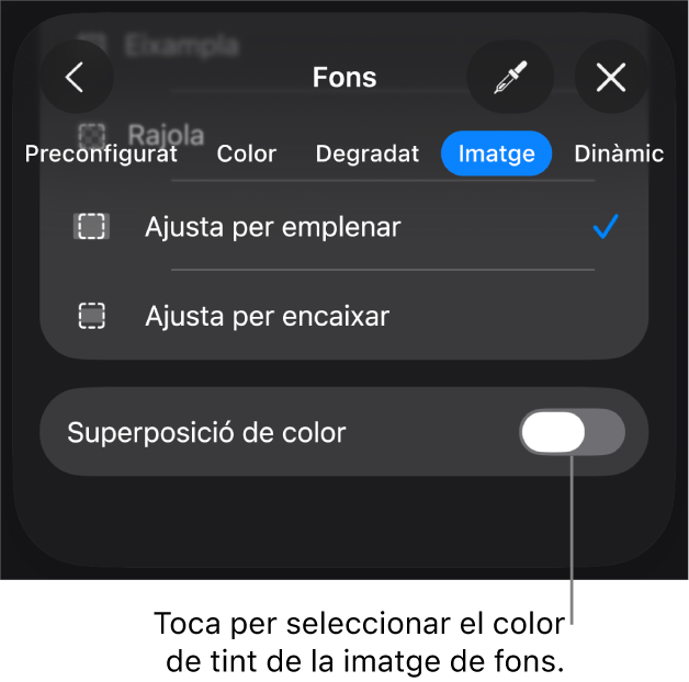 Els controls del fons amb una imatge com a fons de diapositiva i el control “Superposició de color” a la part inferior.