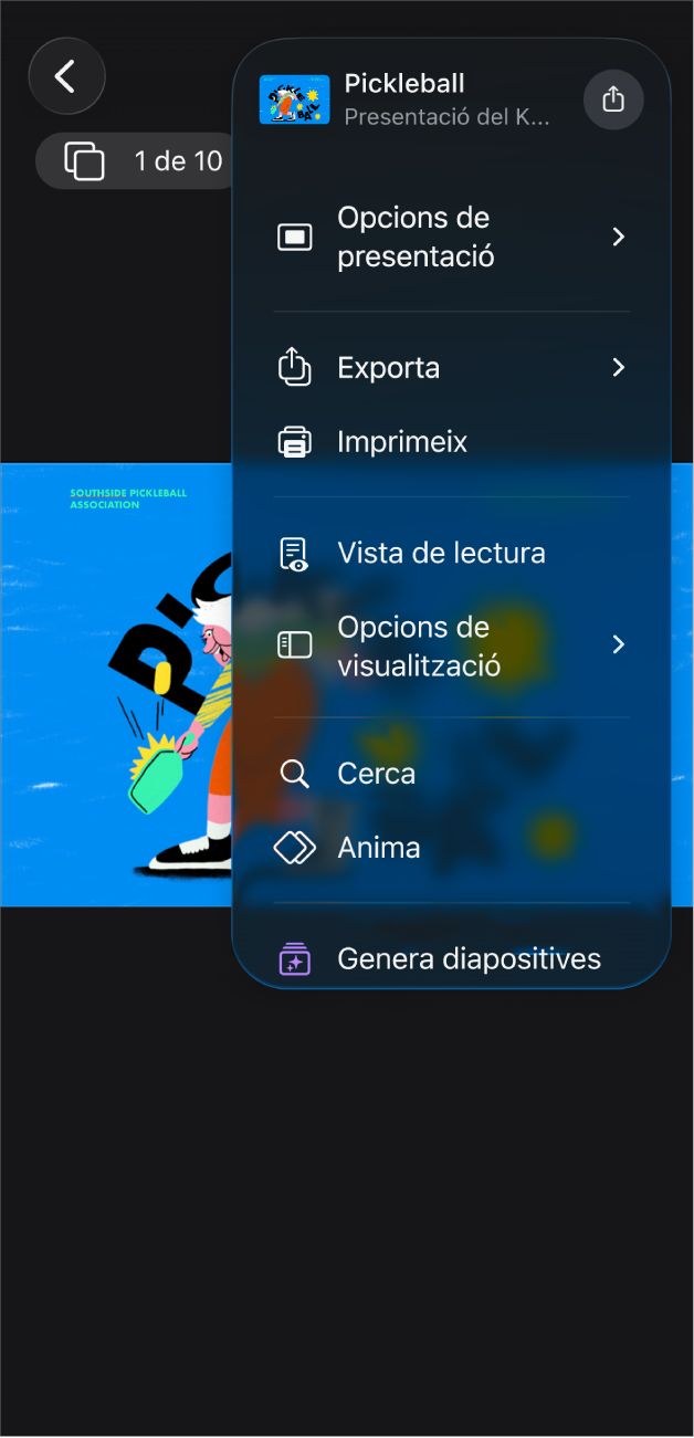 L’app Keynote amb les opcions d’“Exporta” obertes al menú “Més” de la barra d’eines.