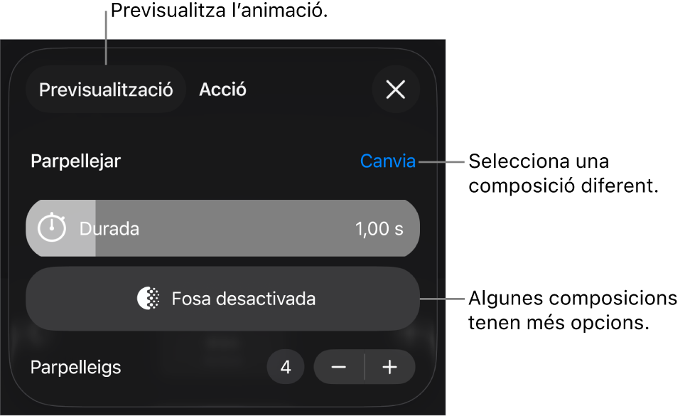 Les composicions d’entrada tenen les opcions Durada i “Temporització d’inici”. Toca “Canvia” per seleccionar una entrada diferent o “Previsualitza” per previsualitzar la composició.