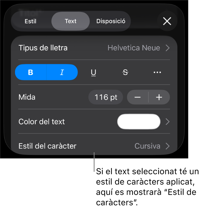 Els controls de format de text amb l’estil de caràcter a sota dels controls de color. L’estil de caràcter Cap amb un asterisc.