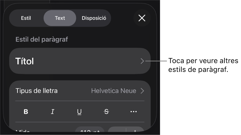 El menú Format amb els controls de text per definir els estils de paràgraf i de caràcter, el tipus de lletra, la mida i el color.