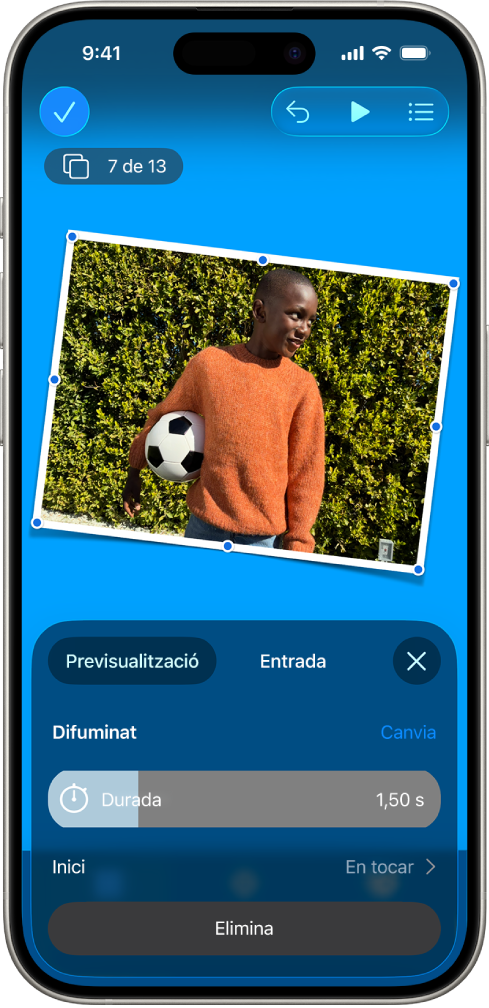 Controls de l’animació de la imatge seleccionada a la diapositiva. A la part inferior de la pantalla hi ha els controls per a l’efecte Entrada que s’està fent servir.