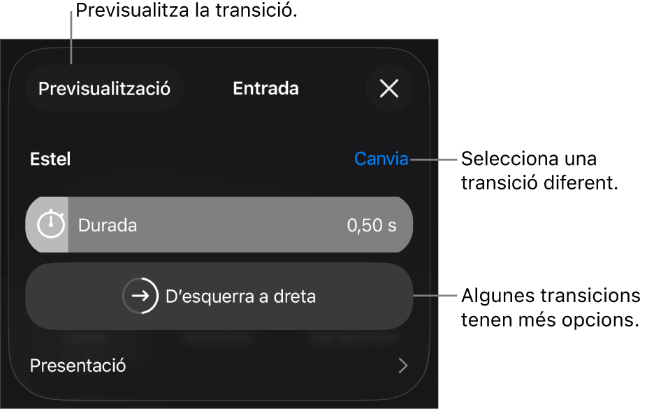 Els controls del tauler Opcions per modificar una transició.