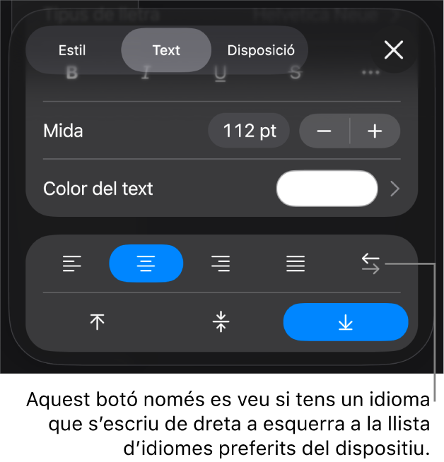 Controls de text del menú Format, amb una llegenda per al botó “De dreta a esquerra”.