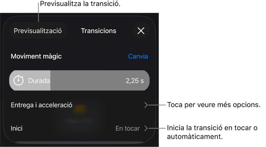 Els controls “Moviment màgic” del tauler Transicions.