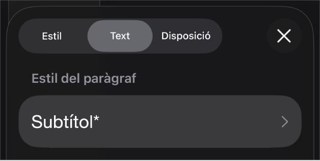 Un estil de paràgraf amb un asterisc al costat i un botó “Actualitza” a la dreta.