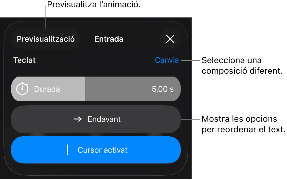 Les composicions d’entrada tenen les opcions “Durada”, “Animació de text” i “Presentació”. Toca “Canvia” per seleccionar una entrada diferent o “Previsualitza” per previsualitzar la composició.