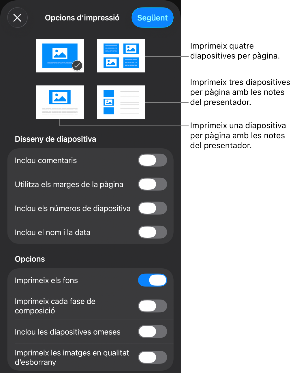 Opcions de disseny d’impressió.