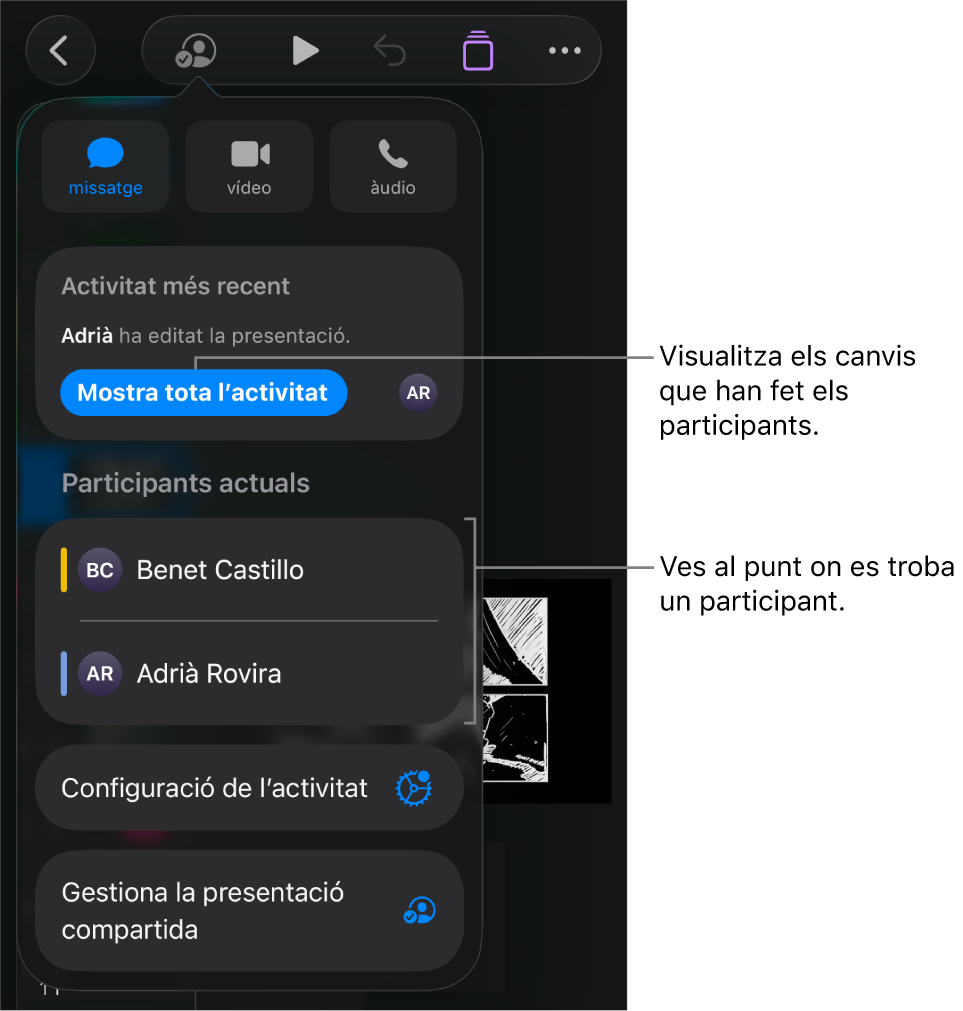 Menú de col·laboració amb una llista dels participants actuals.