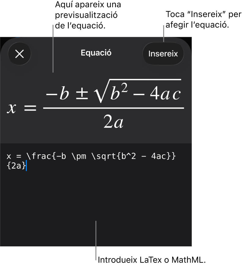 El quadre de diàleg Equació amb una equació escrita amb les ordres MathML i una previsualització de la fórmula al damunt.